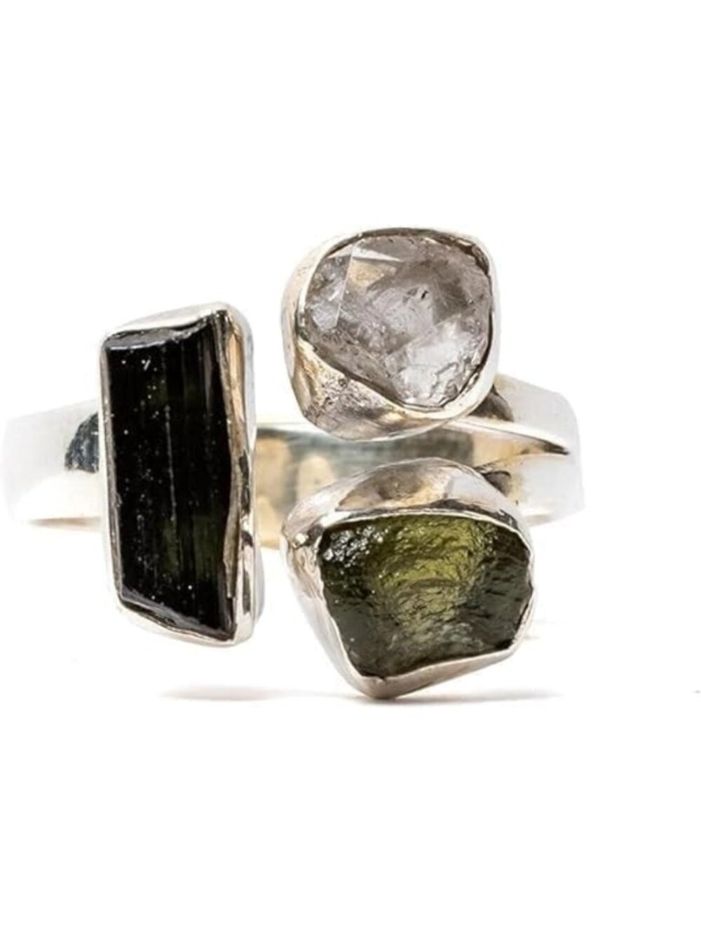 Natural Moldavite & Black Tourmaline Ring with Herkimer Diamond, 925 Silver